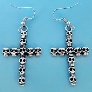 Silver Gothic Skulls Cross Earrings